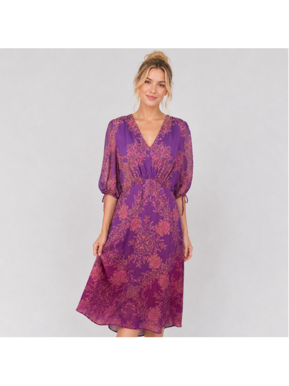 Maison Tara Purple Chiffon Midi Dress V-Neck Smocked Empire Floral Boho Size 16